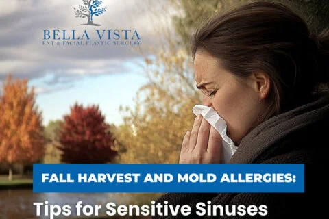 Ad text over an autumnal scene with trees and a lake, promoting sinus tips for allergies.